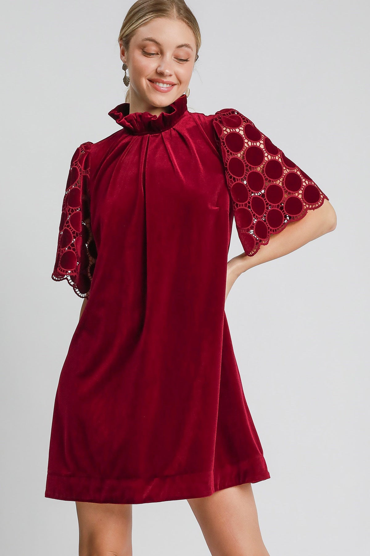 Dotted Lace Half Sleeve Mock Neck Back Tie Velvet Dress Umgee Burgundy S