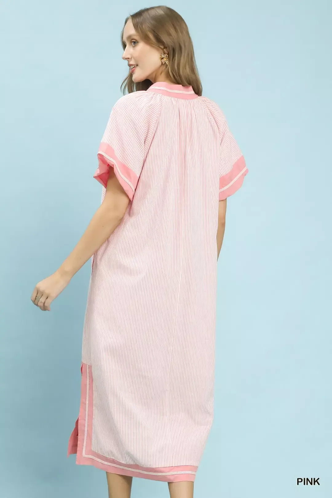 Pinstripe Contrast Trim Midi Dress Umgee
