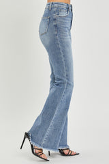 High Waist Raw Hem Flare Jeans Risen   