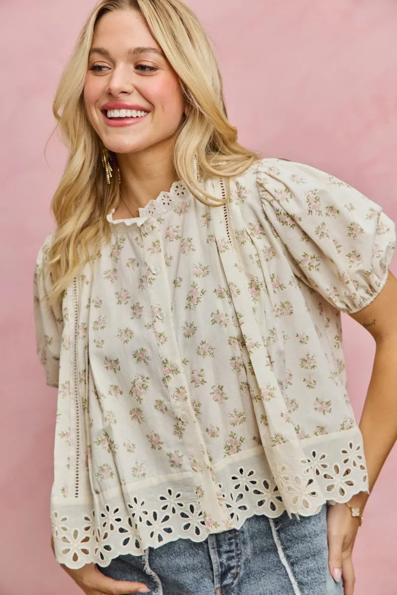 Floral Print Lace Trim Short Sleeves Blouse So Me BLUSH S
