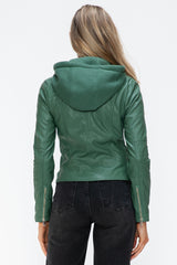 Faux Leather Zip Up Drawstring Hooded Jacket Snobbish