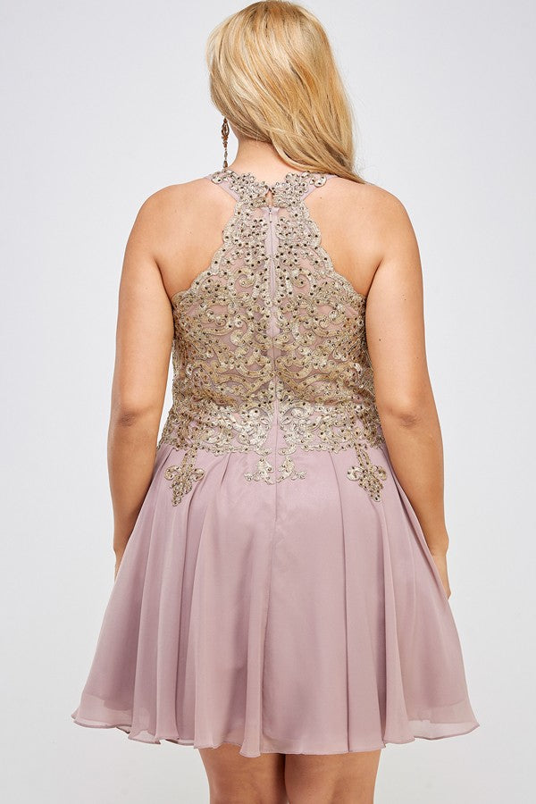 Plus Size Gold Embroidered Elegant Halter A-Line Cocktail Dress LA SCALA
