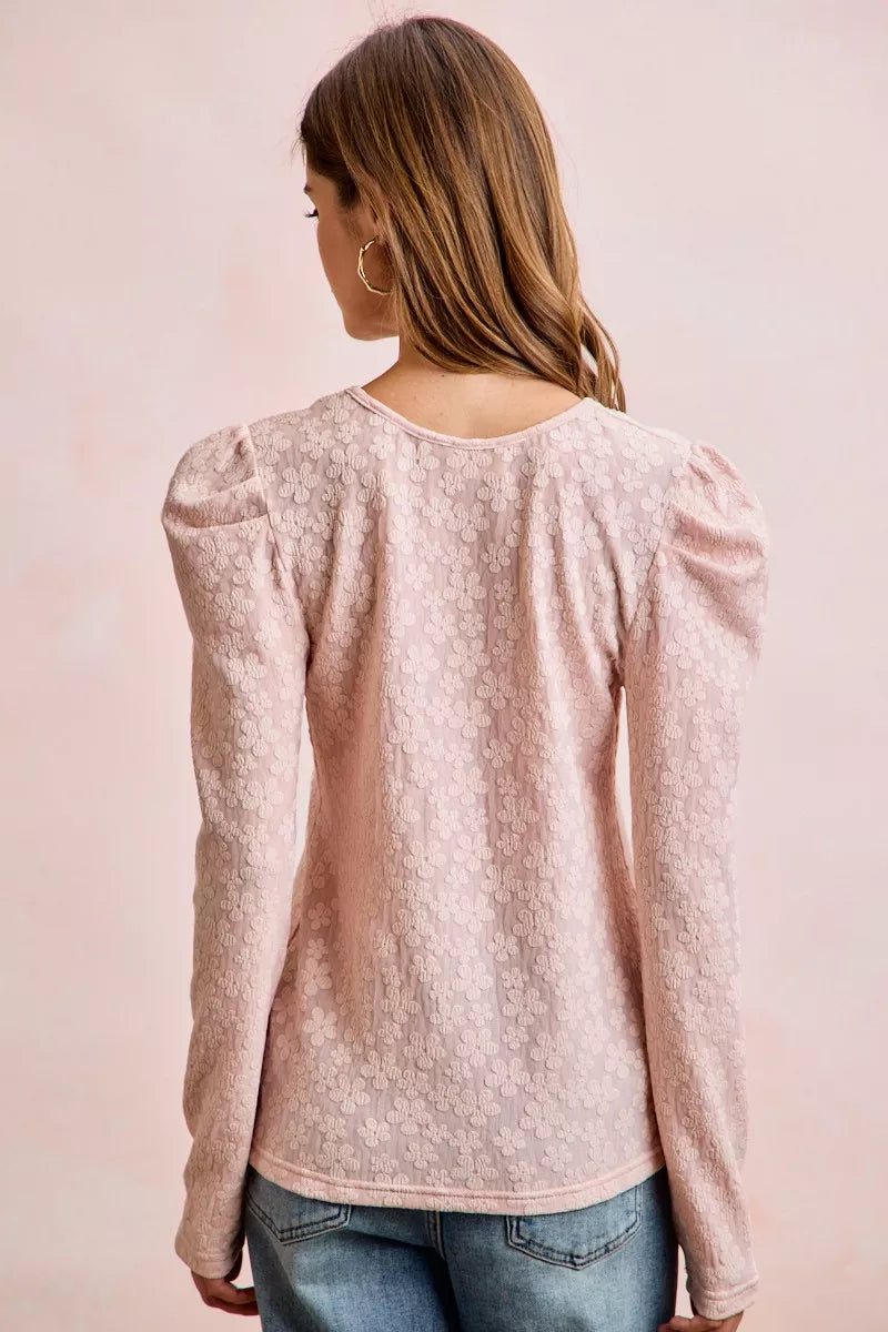Textured Flower Knit Puff Shoulder Top BiBi