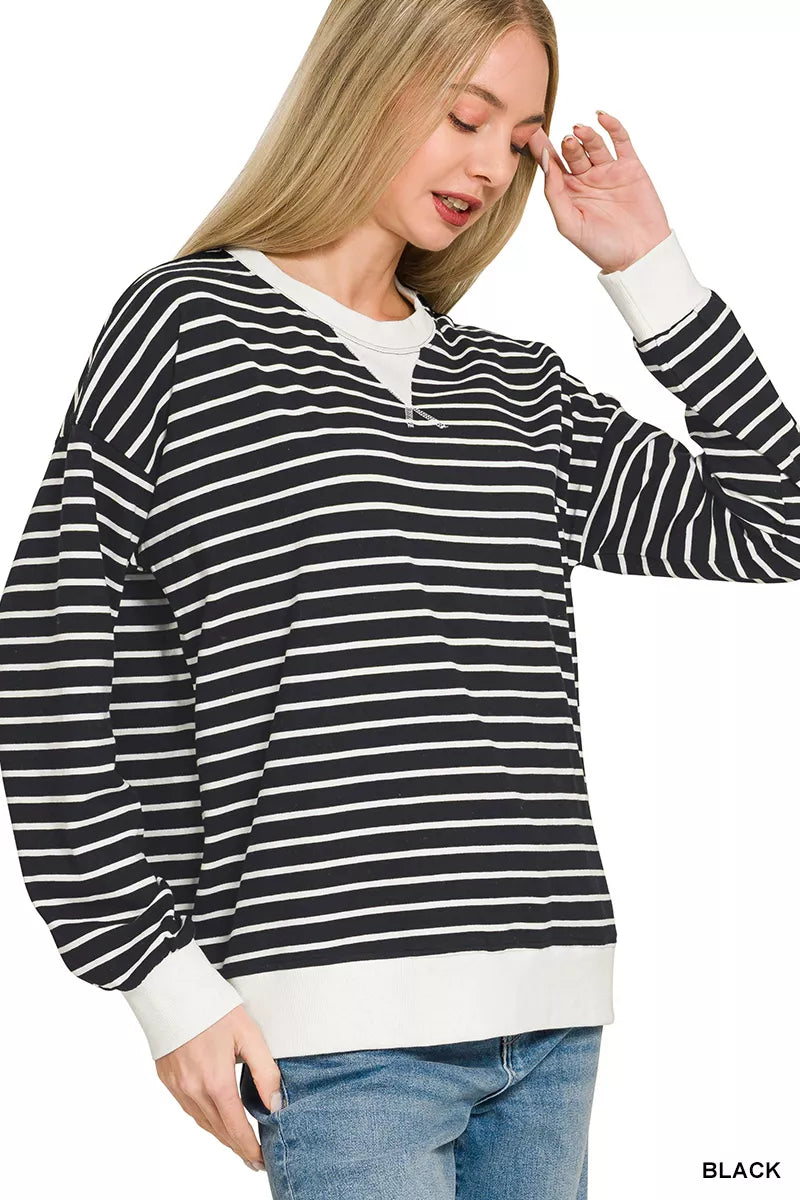 Contrast Striped Round Neck Sweatshirt ZENANA