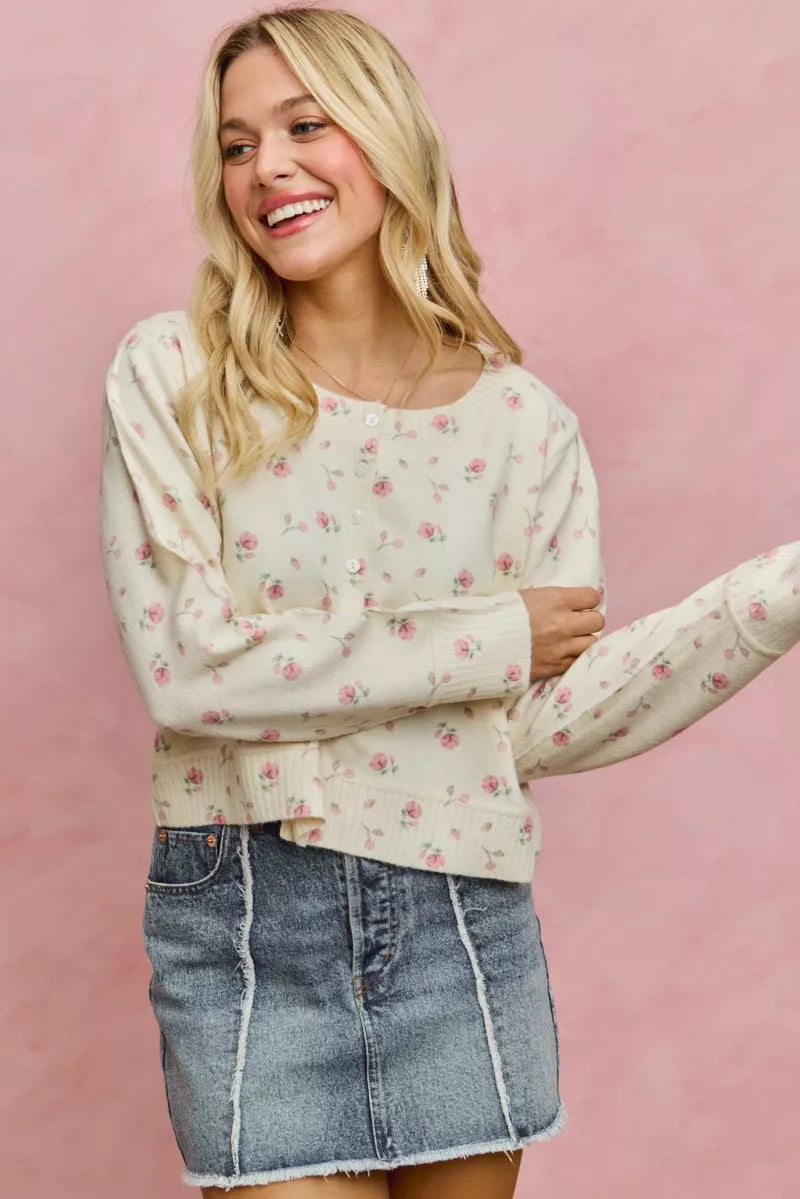 Floral Print Button Down Sweater Cardigan So Me