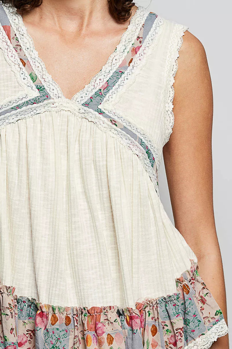 Lace Detail Ruffled Ribbed Sleeveless Top with Floral Pattern Trim Detail POL