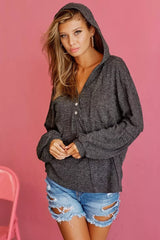 BiBi Textured Knit Hoodie with Buttoned Placket Trendsi