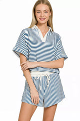 Striped Collared Top & Shorts Set ZENANA