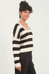 Contrast Striped Cropped V-Neck Sweater HYFVE   