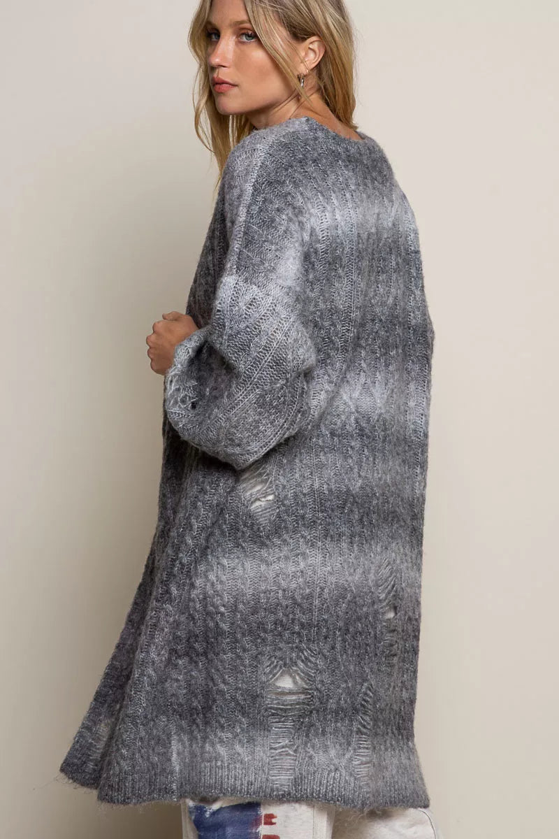 Distressed Cable-Knit Ombre Dying Cardigan POL