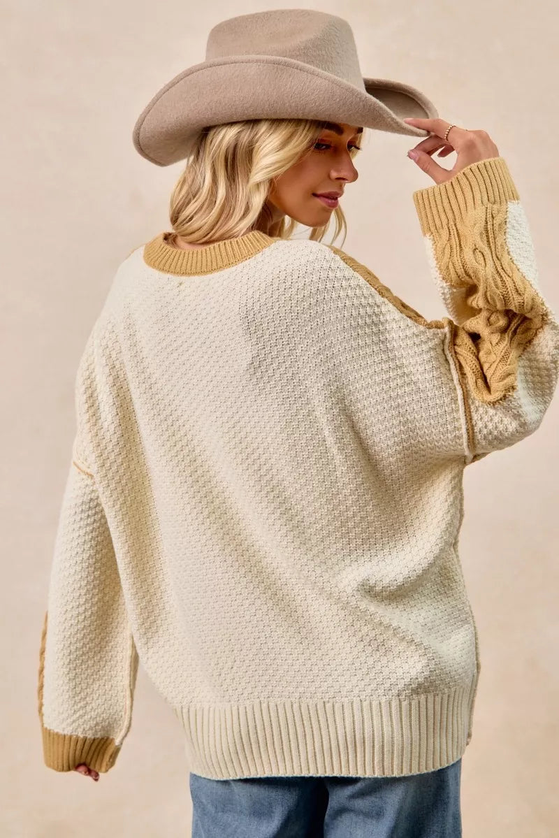 Cable Knit With Hacci Combo Sweater With Uneven Hem Detail BiBi