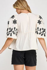 Puff-Sleeve Embroidered Peplum Blouse Sage + Fig