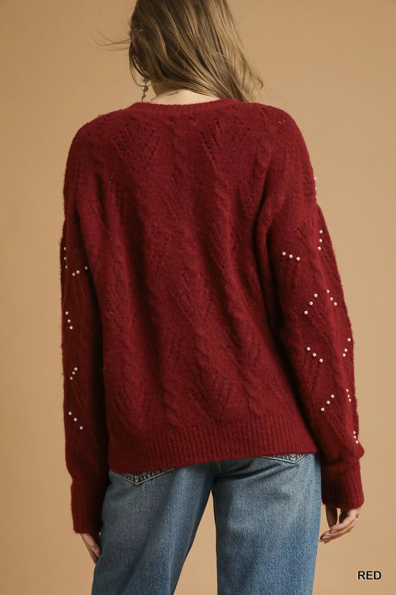 Pearl-Embellished Long Sleeve Sweater Umgee