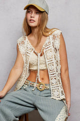 POL Tie Front Floral Pattern Crochet Vest with Scalloped Edge Trendsi NATURAL/OFF WHITE One Size