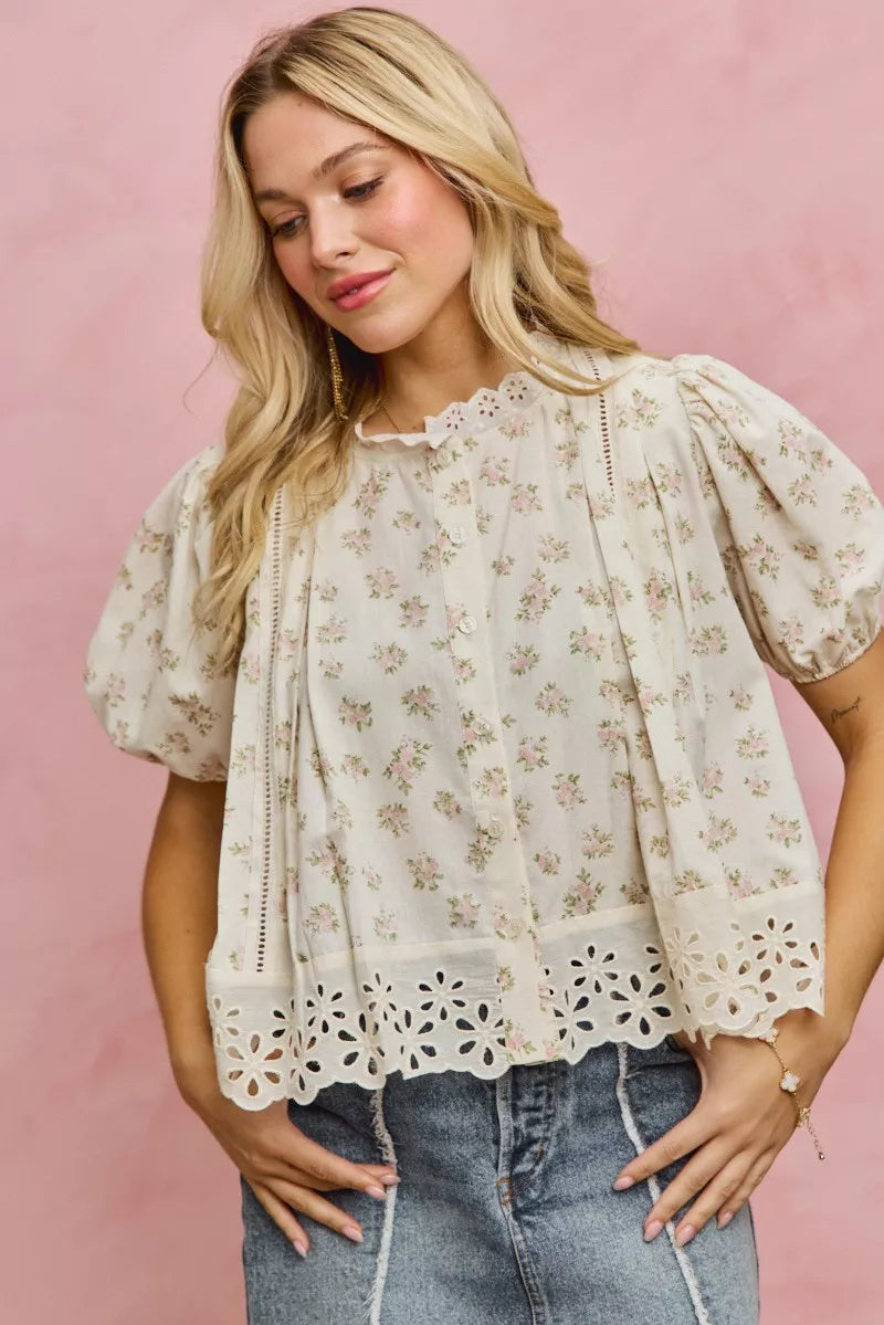 Floral Print Lace Trim Short Sleeves Blouse So Me