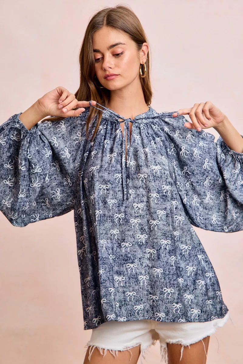 Ribbon Bow Print Exaggerated Balloon Sleeves Top BiBi