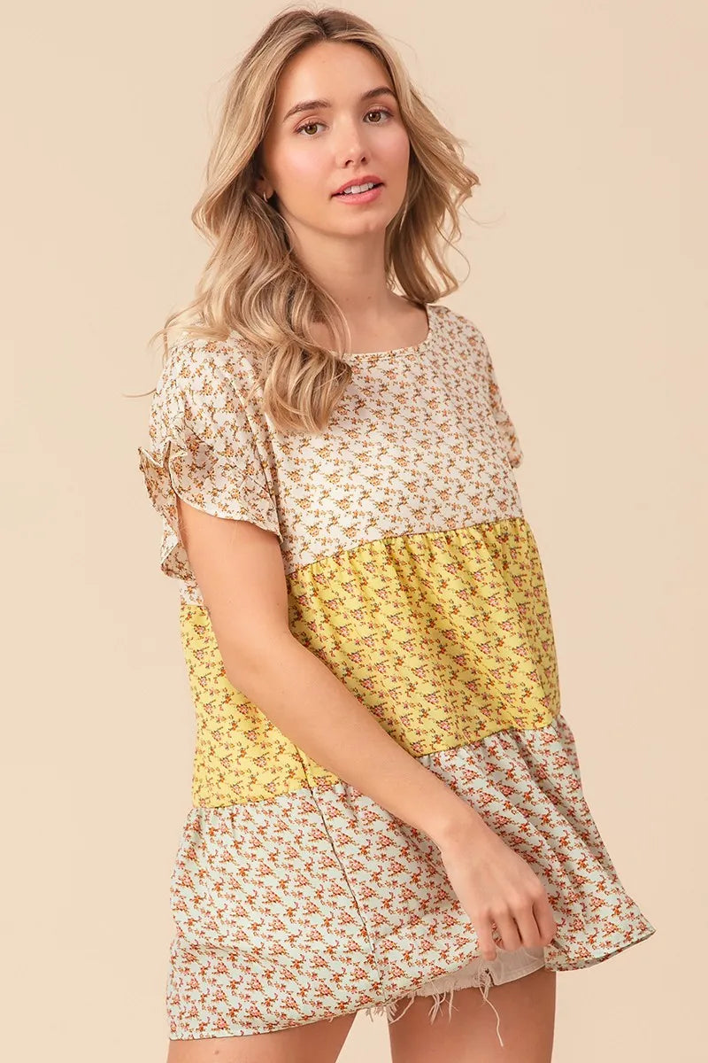 Floral Printed Woven Color Block and Tiered Top BiBi