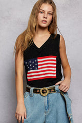 V-Neck Ribbed Tank with American Flag Patch and Star Back Patch POL BLACK S