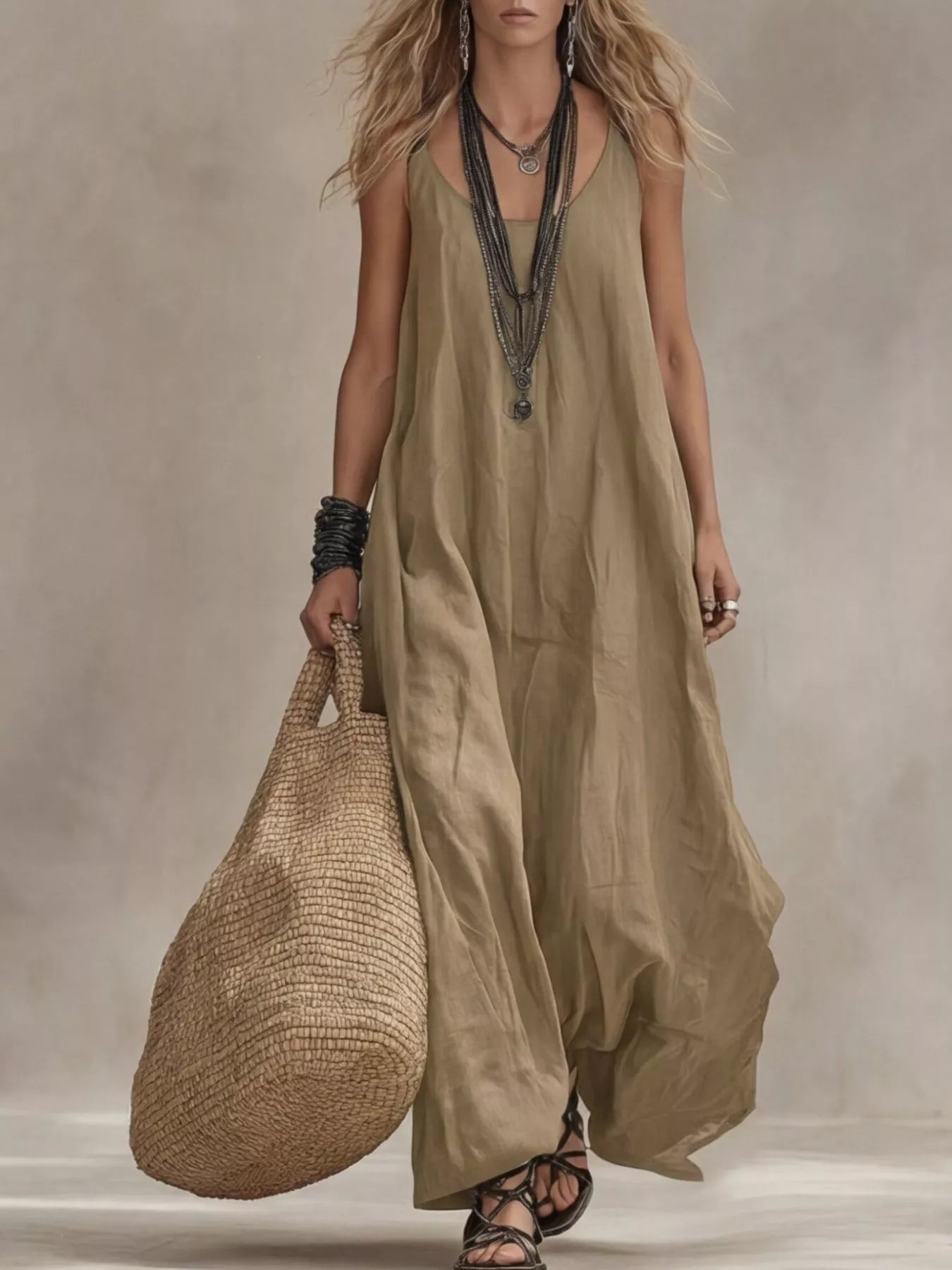 Scoop Neck Sleeveless Maxi Dress – Lightweight Casual Luxe Simmer & Fay Khaki S