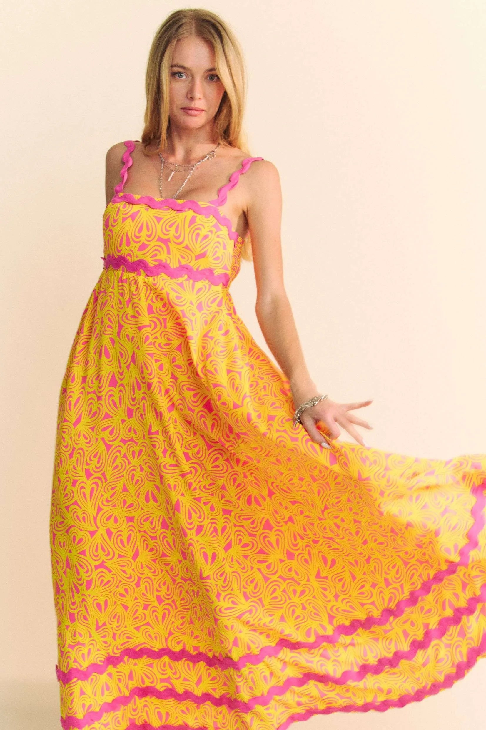 Geo 2 Tone Printed Wavi Trim Tiered Maxi Dress Davi & Dani
