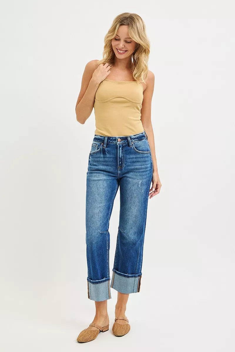 High Rise Straight Jeans with Distressed Hem Risen