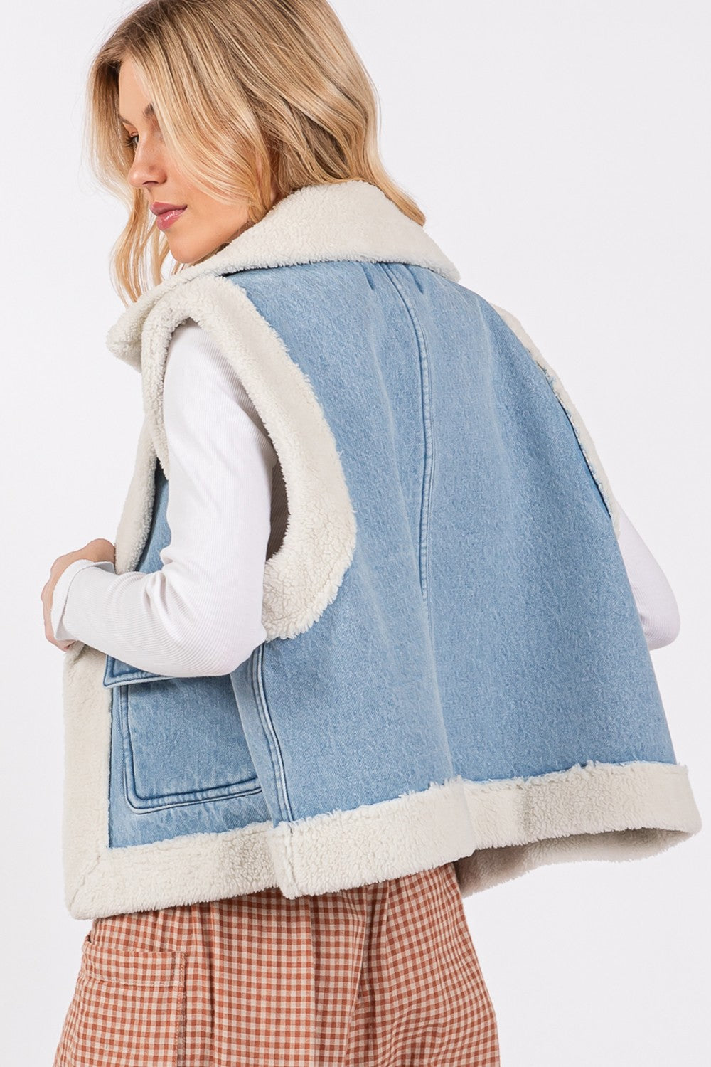 Pocketed Collared Neck Sherpa Vest Sage + Fig   