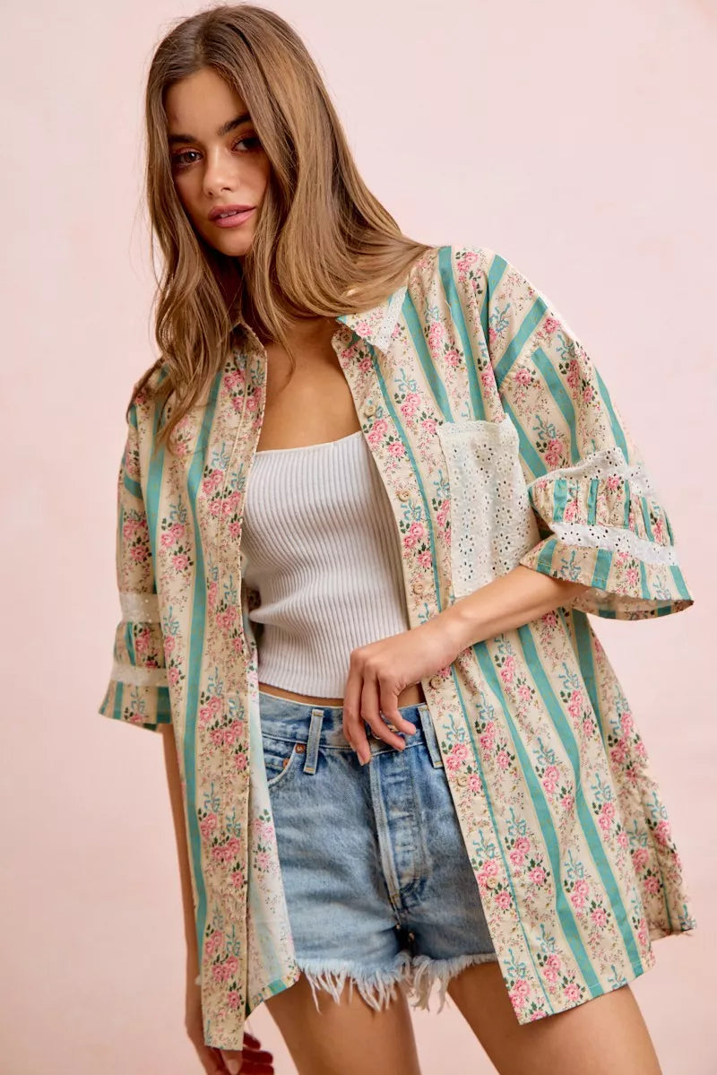 Simmer & Fay & Bibi Eyelet Lace and Floral Mix and Match Shirt Top in 100% cotton, button-front with eyelet lace details