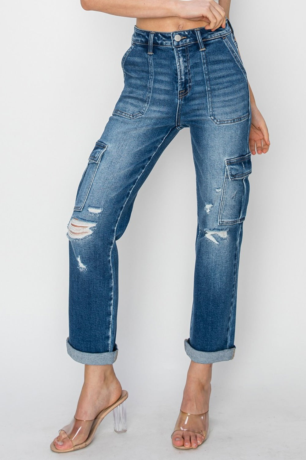 High Rise Cargo Ankle Roll Up Straight Jeans Risen   