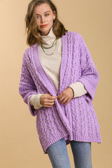 Cable Knit Open Front Long Sleeve Cardigan Umgee Lilac S/M