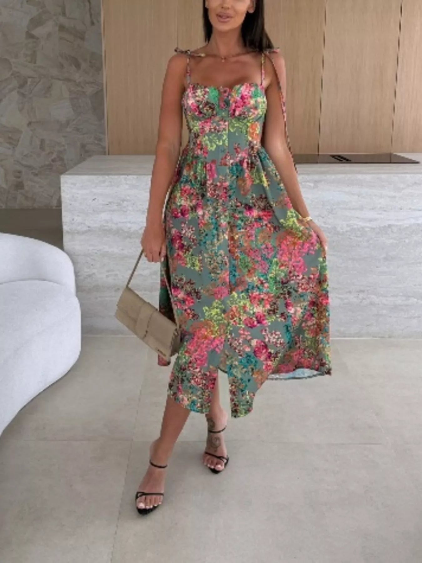 Printed Tie-Strap Midi Dress Simmer & Fay