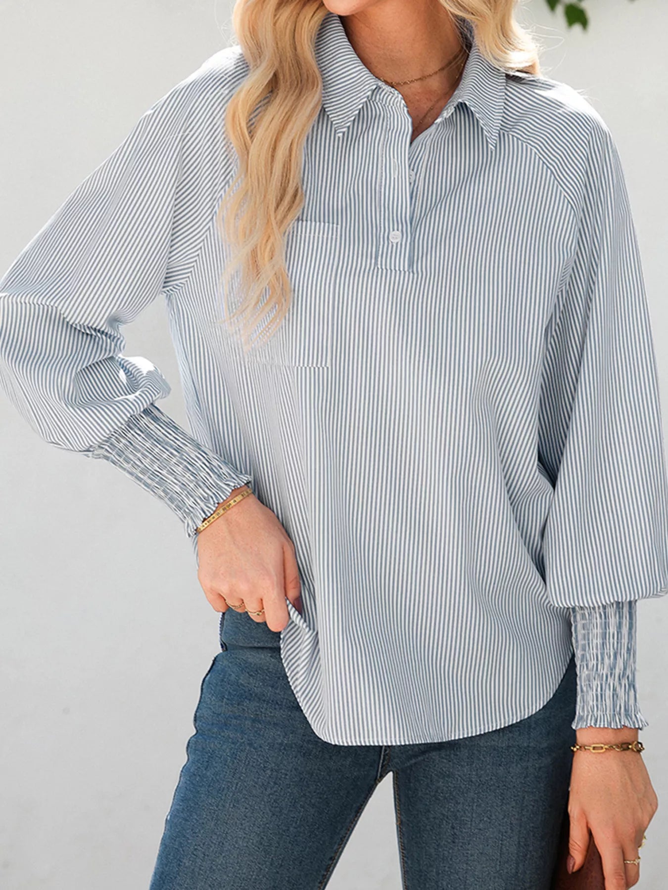 Pinstripe Long Sleeve Smocked Cuffs Button Shirt Collar Blouse Simmer & Fay