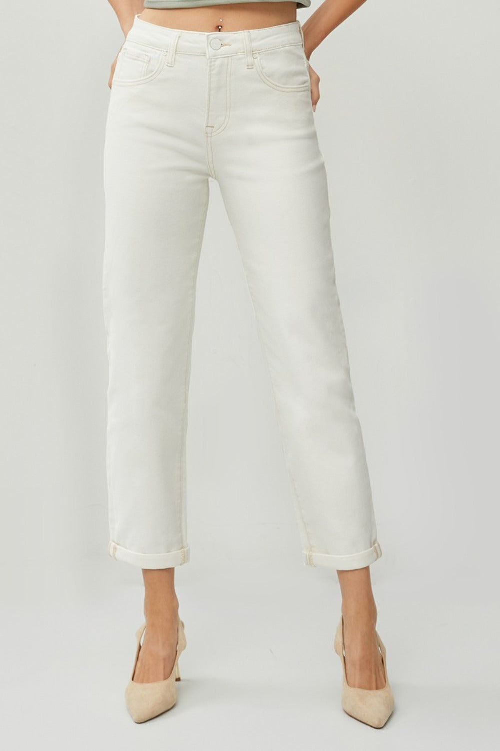 High Waist Rolled Hem Straight Jeans Risen   