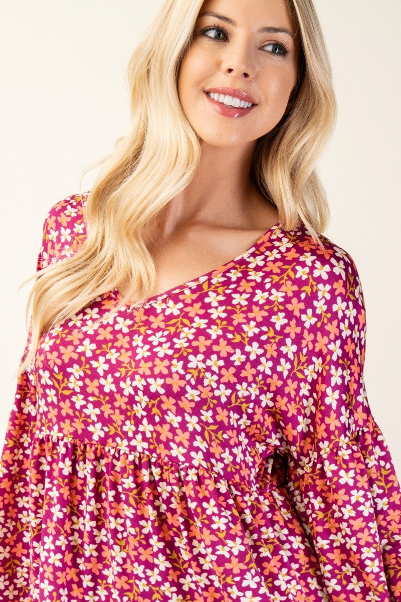 Floral V-Neck Balloon Sleeve Blouse Celeste   