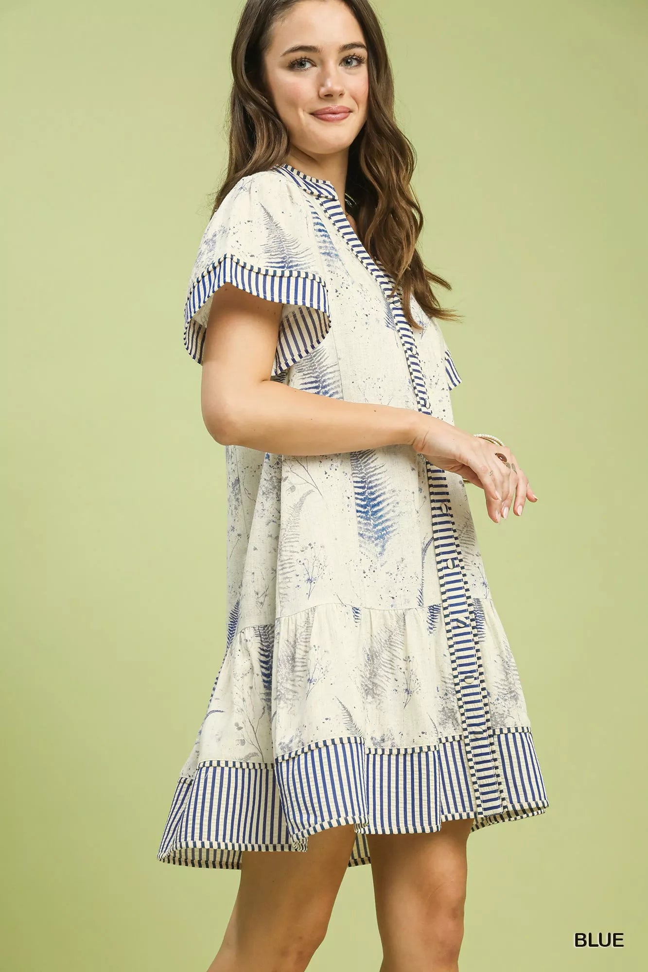 Linen Printed Button-Front Tiered Mini Dress Umgee