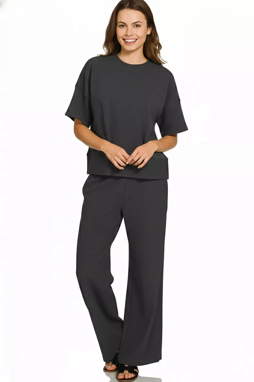 Zenana Ribbed Round Neck Tee & Pants Set Trendsi