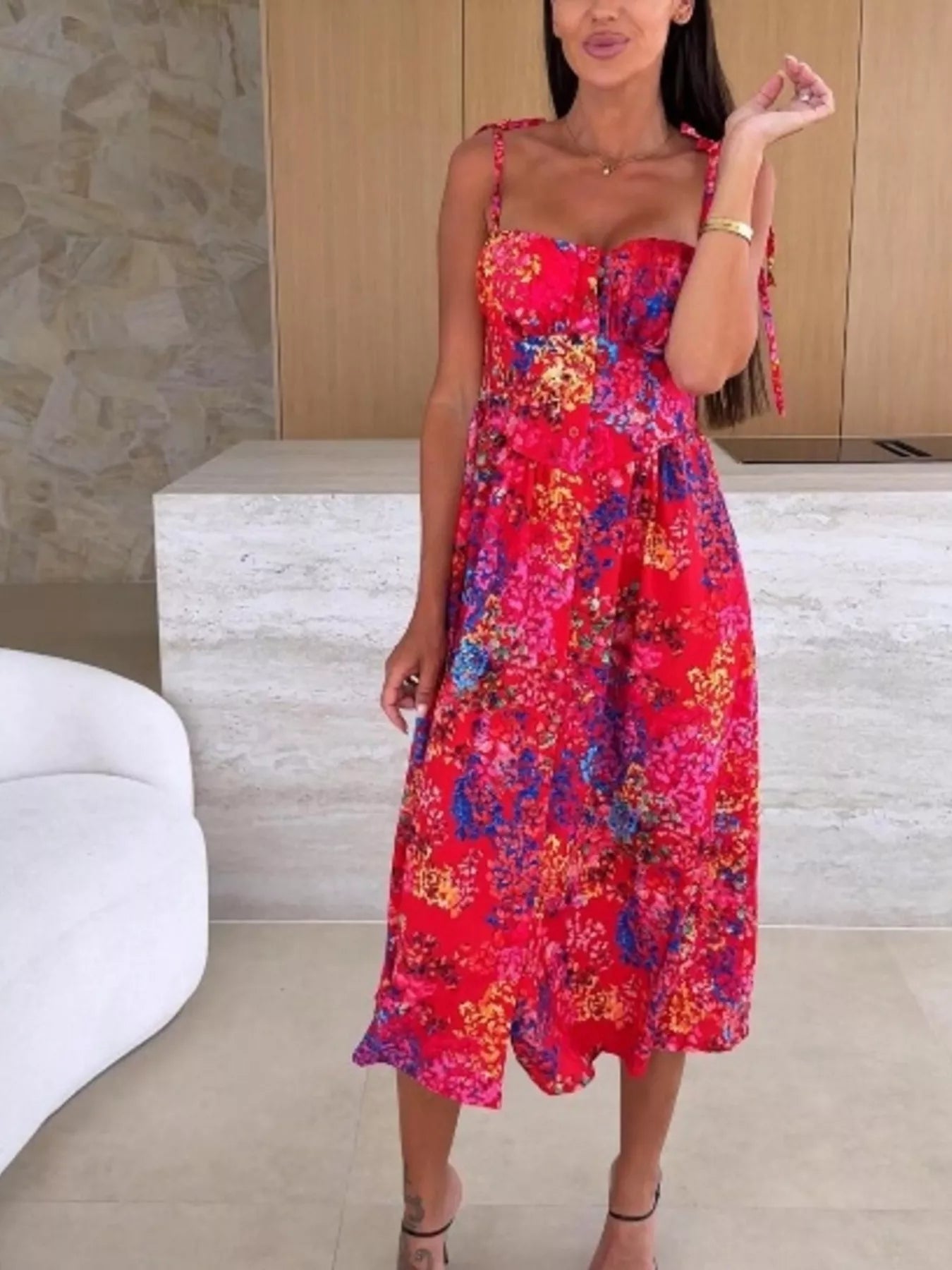 Printed Tie-Strap Midi Dress Simmer & Fay
