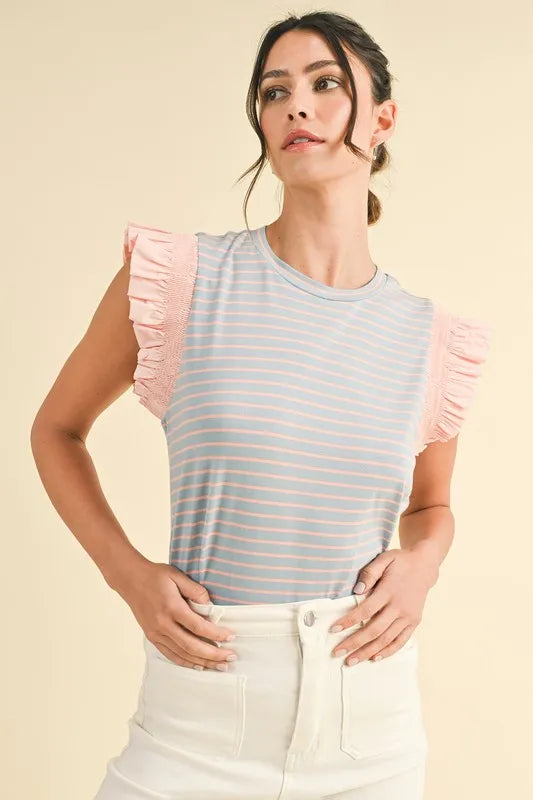 Mix Media Ruffle Sleeve Striped Knit Top Annie Wear