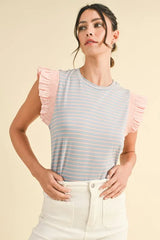 Mix Media Ruffle Sleeve Striped Knit Top Annie Wear