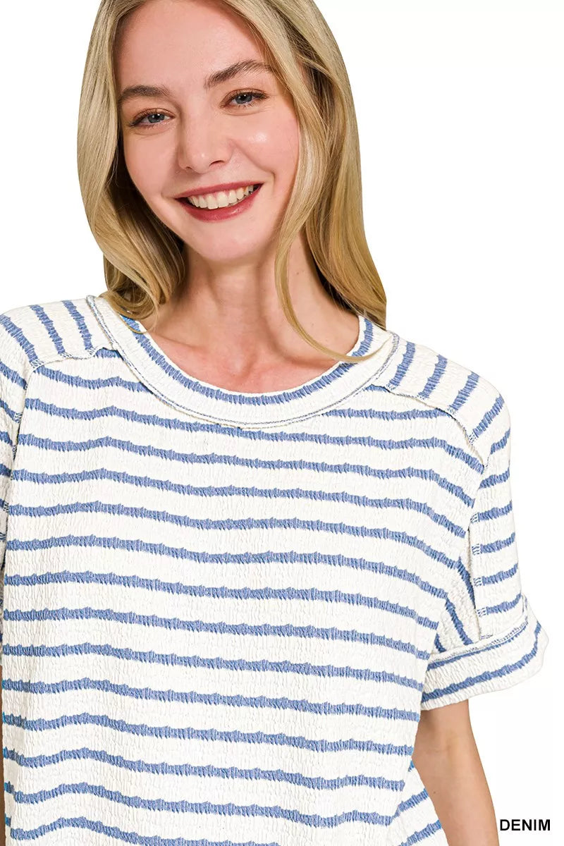 Stripe Jacquard Round-Meck Tee ZENANA