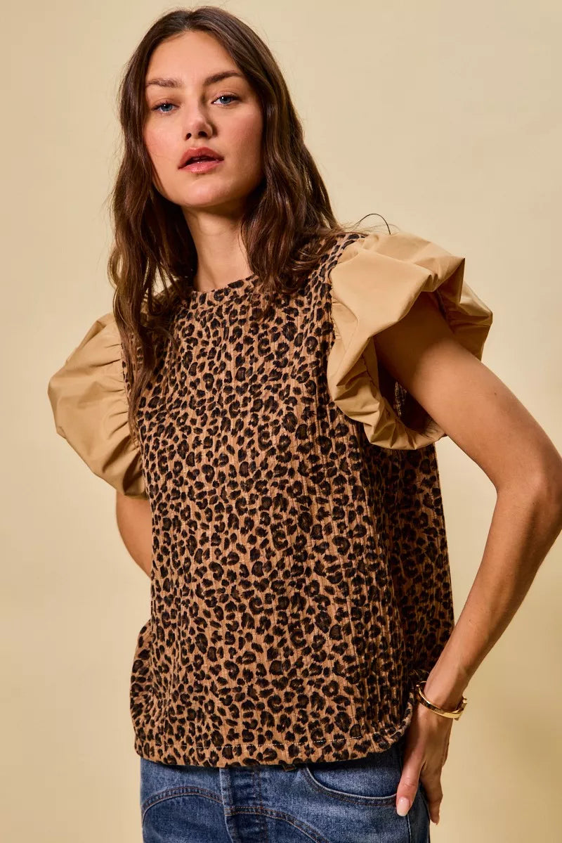 SO ME Leopard Pointelle Knit Top with Puff Sleeves Trendsi