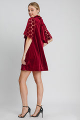 Dotted Lace Half Sleeve Mock Neck Back Tie Velvet Dress Umgee