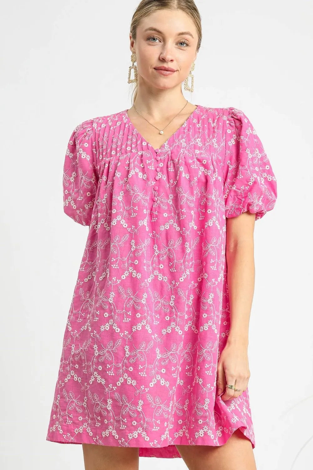 Floral Puff Sleeve V-Neck Mini Dress Umgee Hot Pink S