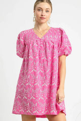 Floral Puff Sleeve V-Neck Mini Dress Umgee Hot Pink S