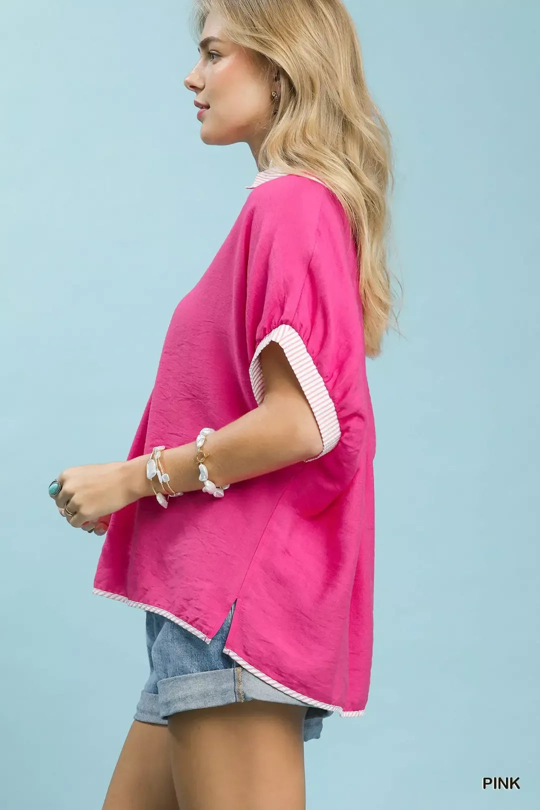 Oversized Contrast Stripe Trim Top Umgee