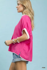 Oversized Contrast Stripe Trim Top Umgee