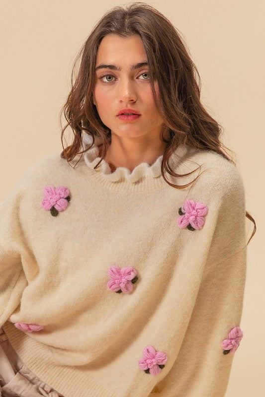 Ruffled Crochet Flower Dropped Shoulder Sweater BiBi   