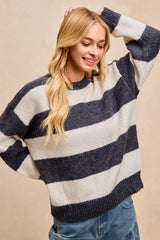 Wide Stripe Fuzzy Knit Round Neck Sweater BiBi
