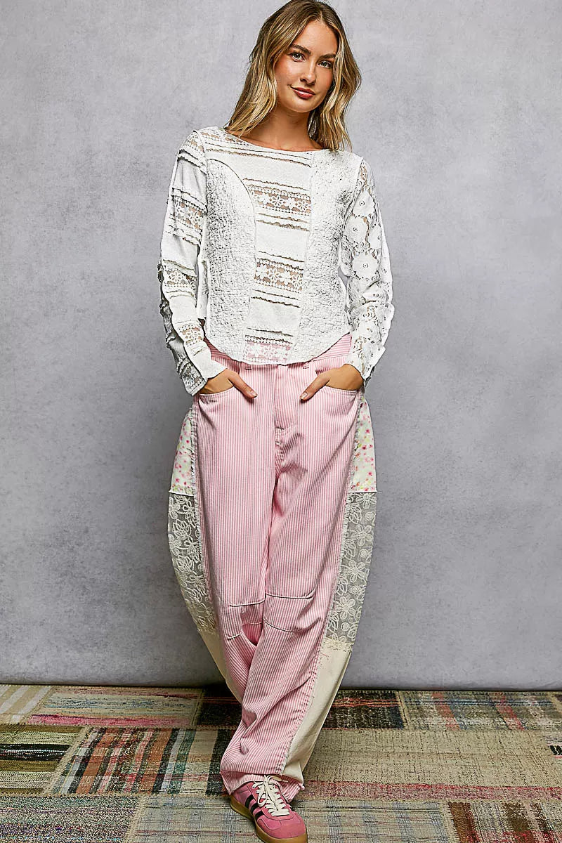 Round Neck Long Sleeve Exposed Seam Top with Lace Detail POL