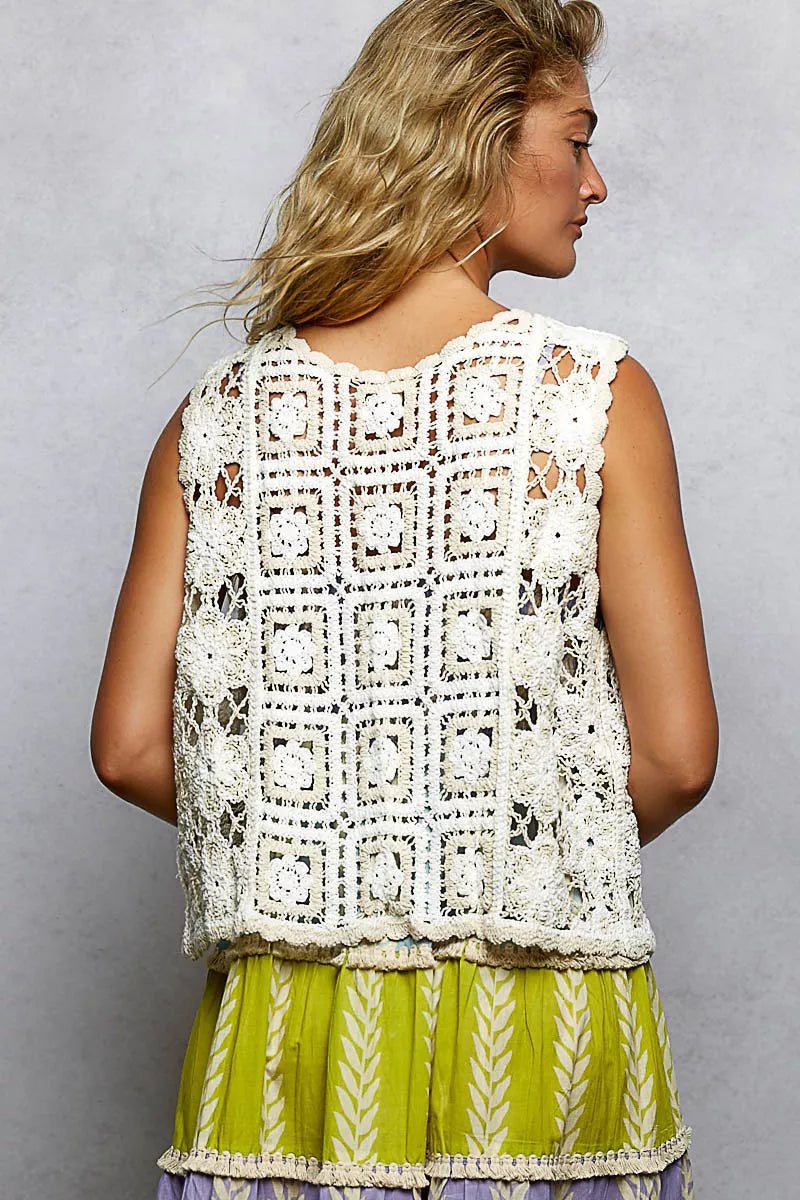 POL Tie Front Floral Pattern Crochet Vest with Scalloped Edge Trendsi