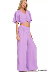 Woven Airflow Twisted Top & Wide Leg Pants Set ZENANA B LAVENDER S